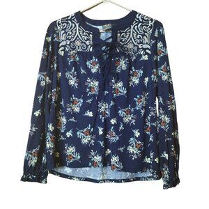One September By Anthropologie XS Floral Embroidered Long Sleeve Lace Up Top